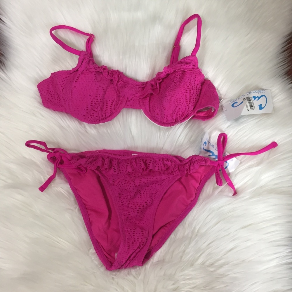 California Waves Small Pink Eyelet Bikini Set NWT